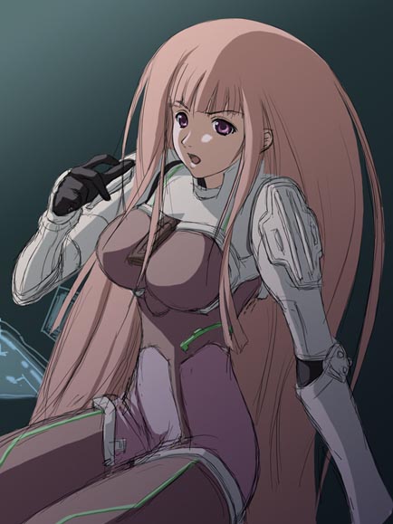 00s 1girl :o arm_support bangs blunt_bangs bodysuit breasts cowboy_shot elbow_pads ken_marinaris large_breasts long_hair looking_at_viewer open_mouth pilot_suit pink_hair profile redhead shoulder_pads sidelocks sitting sketch solo turtleneck very_long_hair violet_eyes zoe2 zone_of_the_enders zone_of_the_enders_2
