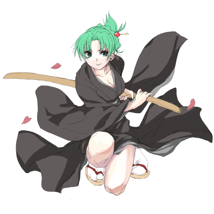 1girl earrings green_eyes green_hair higurashi_no_naku_koro_ni japanese_clothes jewelry katana kimono looking_at_viewer matsukura_nemu mature milf petals shirasaya simple_background smile solo sonozaki_akane sword tabi tied_hair weapon white_background