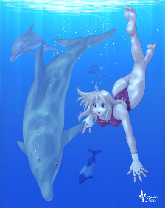 1girl barefoot blonde_hair competition_swimsuit dolphin feet fingerless_gloves freediving gloves high_cut_kingdom highleg highleg_swimsuit legs murasaki_nyaa nyanko_batake one-piece_swimsuit swimsuit underwater