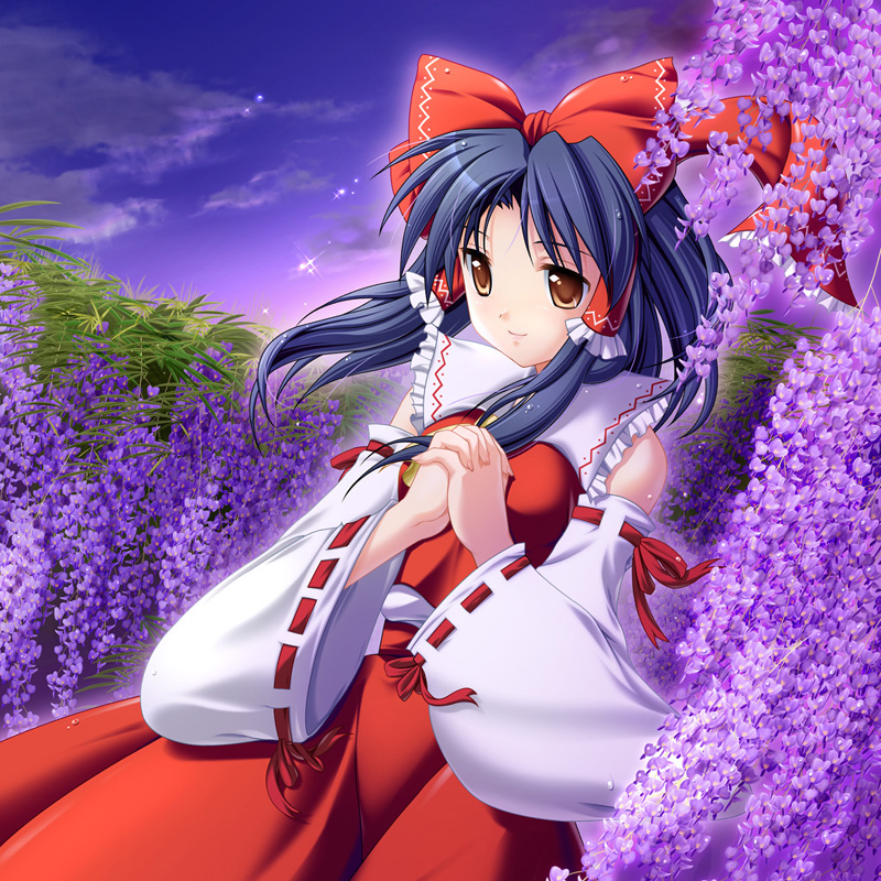 1girl black_hair bow brown_eyes clouds detached_sleeves female floating_hair flower hair_bow hair_tubes hakurei_reimu hands_clasped imperishable_night interlocked_fingers japanese_clothes light_smile maroppe miko purple ribbon short_hair sky solo sparkle touhou twilight wide_sleeves wisteria