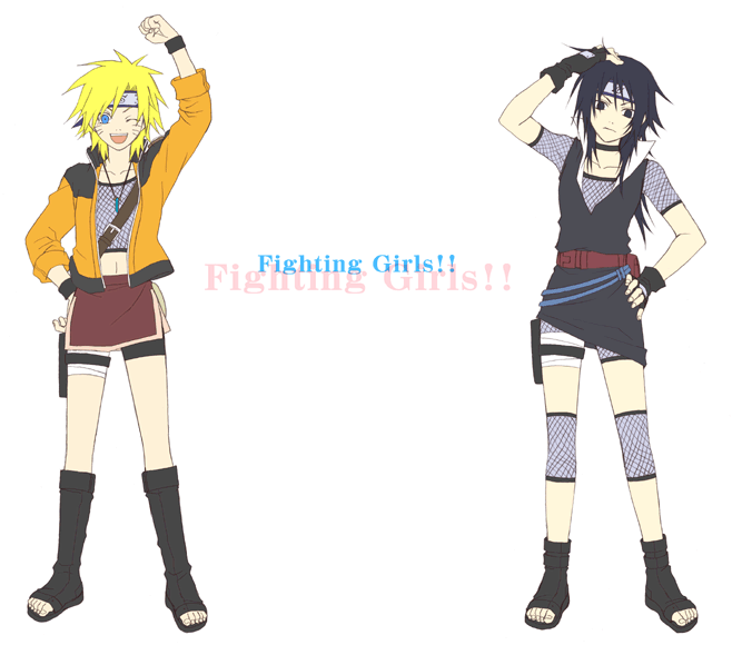 2girls artist_request black_hair blonde_hair blue_eyes boots choker clenched_hand dress fingerless_gloves fishnets flat_chest forehead_protector genderswap gloves happy jacket jewelry knee_boots multiple_girls naruko naruto necklace ninja one_eye_closed open_clothes open_jacket raised_fist short_dress thigh_strap toeless_legwear uchiha_sasuke uzumaki_naruto whiskers