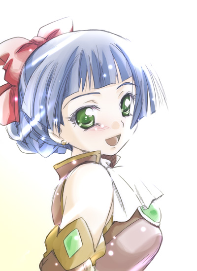 1girl :d bangs bare_shoulders blue_hair blunt_bangs bow brooch detached_sleeves earrings green_eyes hair_bow jewelry looking_at_viewer mamiina open_mouth red_bow short_hair simoun smile solo uniform upper_body