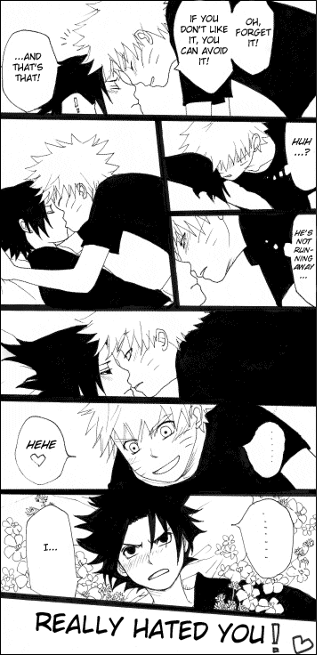 2boys artist_request comic hard_translated kiss male_focus monochrome multiple_boys naruto uchiha_sasuke uzumaki_naruto yaoi