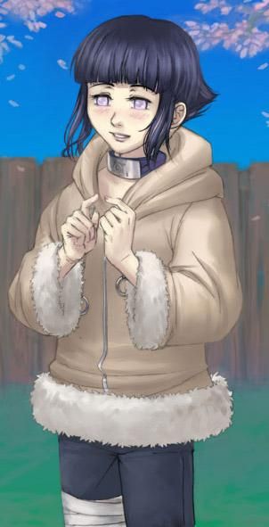 1girl :d artist_request blue_eyes blue_hair blue_sky blush cherry_blossoms coat cowboy_shot fence fur_trim gesture hood hooded_jacket hyuuga_hinata jacket long_sleeves naruto open_mouth outdoors petals short_hair sky smile solo standing