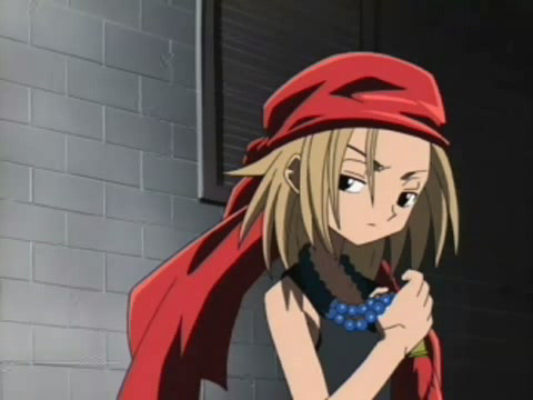 1girl bare_shoulders black_eyes blonde_hair brown_hair cape head_scarf jewelry kyouyama_anna lowres necklace pearl_necklace screencap serious shaman_king shirt short_hair sleeveless sleeveless_shirt solo tank_top upper_body