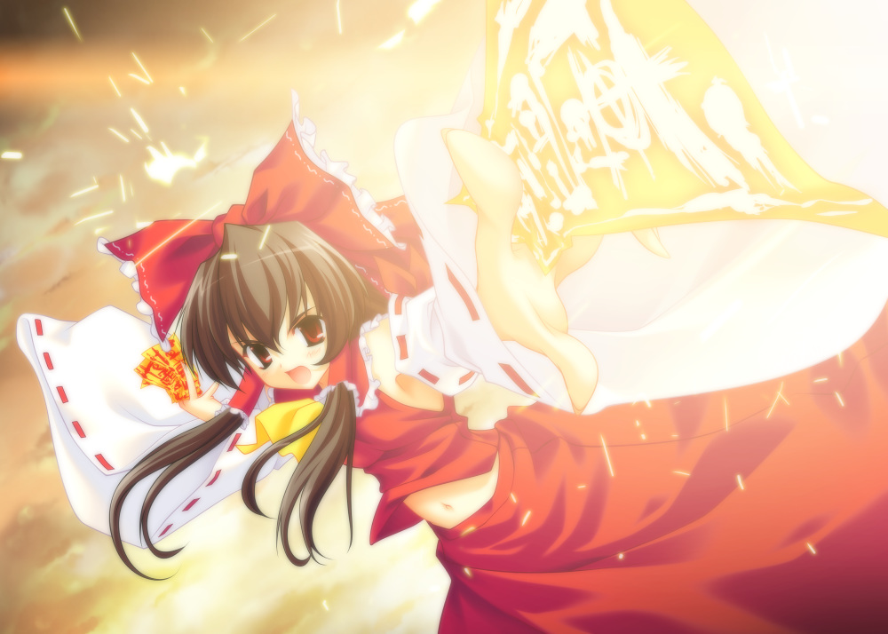 &gt;:o 1girl :o angry armpits bangs bare_shoulders black_hair blush bow breasts clouds detached_sleeves dutch_angle female fighting_stance foreshortening frills from_side glowing gradient gradient_background hair_between_eyes hair_bow hair_tubes hakurei_reimu holding japanese_clothes long_hair long_skirt looking_at_viewer magic midriff miko navel neckerchief nontraditional_miko ofuda open_mouth outdoors outstretched_arms red_eyes ribbon-trimmed_sleeves ribbon_trim saeki saeki_sorenari shirt_lift sidelocks skirt sky small_breasts solo spread_arms standing sunset touhou wide_sleeves