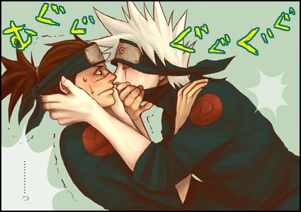 2boys artist_request hatake_kakashi lowres male_focus multiple_boys naruto scar sweatdrop umino_iruka yaoi