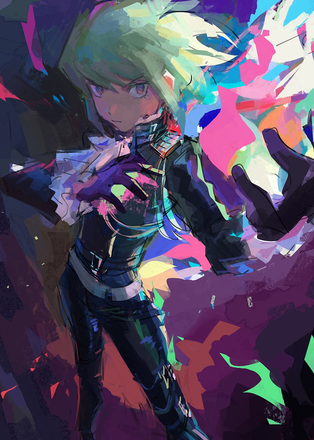 belt biker_clothes black_gloves black_jacket closed_mouth cravat fire gloves green_hair half_gloves highres jacket lio_fotia looking_at_viewer male_focus multiple_belts promare qosic short_hair violet_eyes