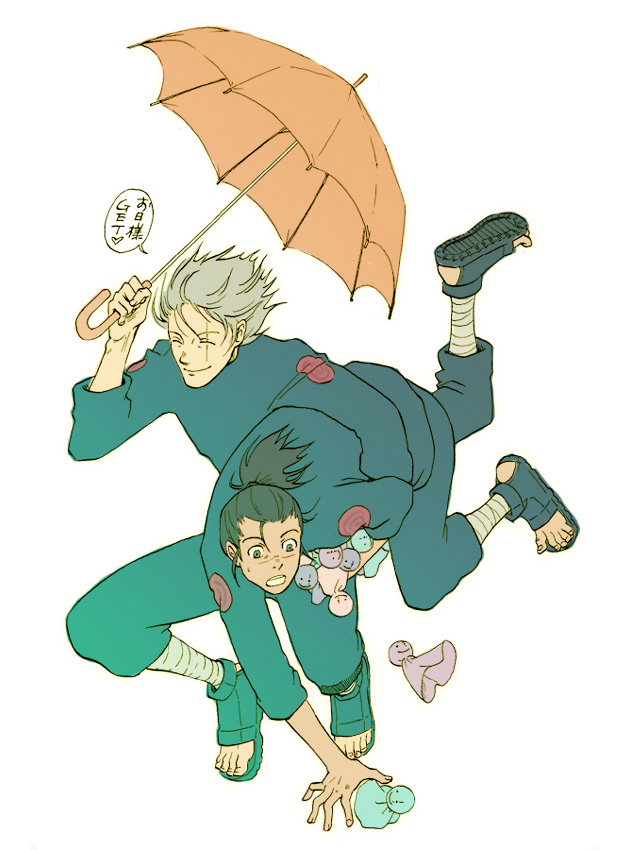 2boys artist_request carrying hatake_kakashi male_focus multiple_boys naruto teruterubouzu umbrella umino_iruka yaoi