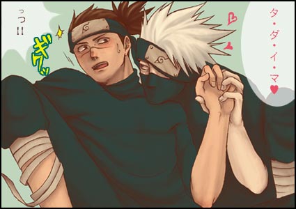 2boys artist_request brown_hair hatake_kakashi headband lowres male_focus multiple_boys naruto surprised translated umino_iruka white_hair yaoi