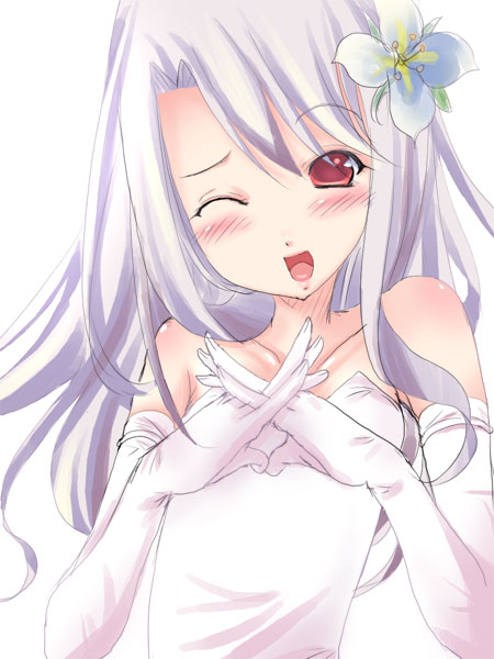 1girl ;d bare_shoulders blush elbow_gloves fate/stay_night fate_(series) flower gloves hair_flower hair_ornament illyasviel_von_einzbern interlocked_fingers looking_at_viewer one_eye_closed open_mouth shiranagi simple_background smile solo upper_body white_background white_gloves