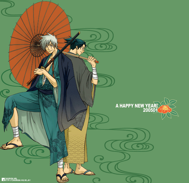 2boys chikadoh hatake_kakashi japanese_clothes male_focus multiple_boys naruto oriental_umbrella umbrella umino_iruka