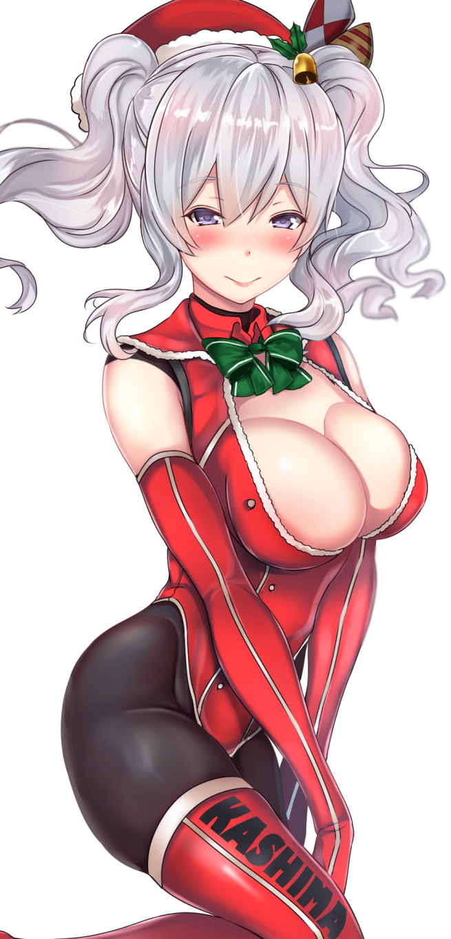 1girl bell black_legwear blurry blush bow bowtie breasts character_request christmas cleavage cleavage_cutout closed_mouth clothes_writing cowboy_shot elbow_gloves eyebrows_visible_through_hair fur_trim gloves grey_eyes hair_bell hair_ornament hat highres kantai_collection kashima_(kantai_collection) large_breasts long_hair looking_at_viewer pantyhose red_gloves red_hat red_leotard santa_hat shiny shiny_hair sidelocks silver_hair simple_background skin_tight sleeveless smile solo striped thigh-highs thighhighs_over_pantyhose twintails untsue v_arms violet_eyes wavy_hair white_background