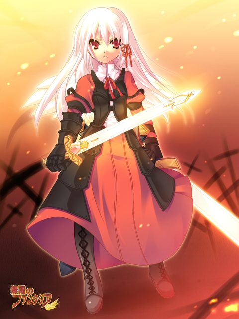 1girl armor armored_dress boots dress knee_boots komi_zumiko long_hair mugen_no_fantasia red red_dress red_eyes ribbon solo sword weapon white_hair