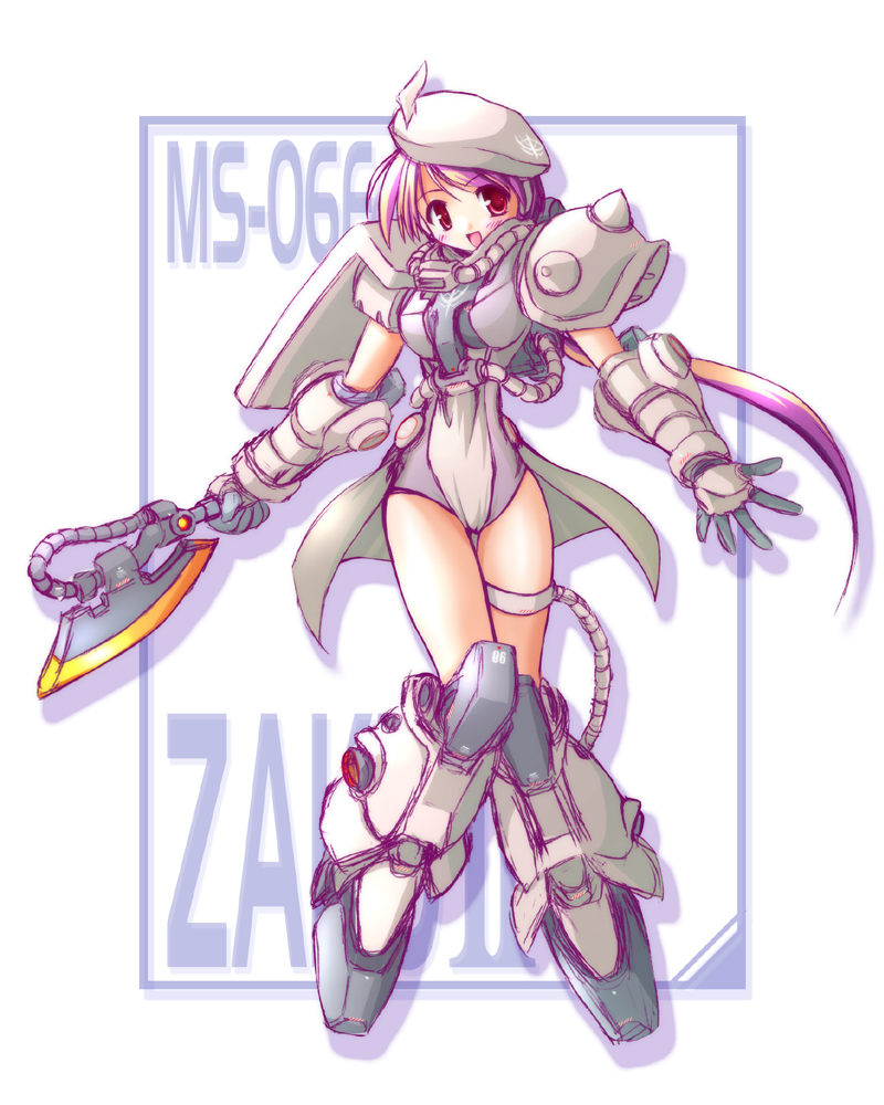 axe barrett blush gundam leotard long_hair mecha_musume multicolored_hair open_mouth personification red_eyes text thigh_strap weapon zaku zaku_ii zaku_ii_f zaku_ii_f/j