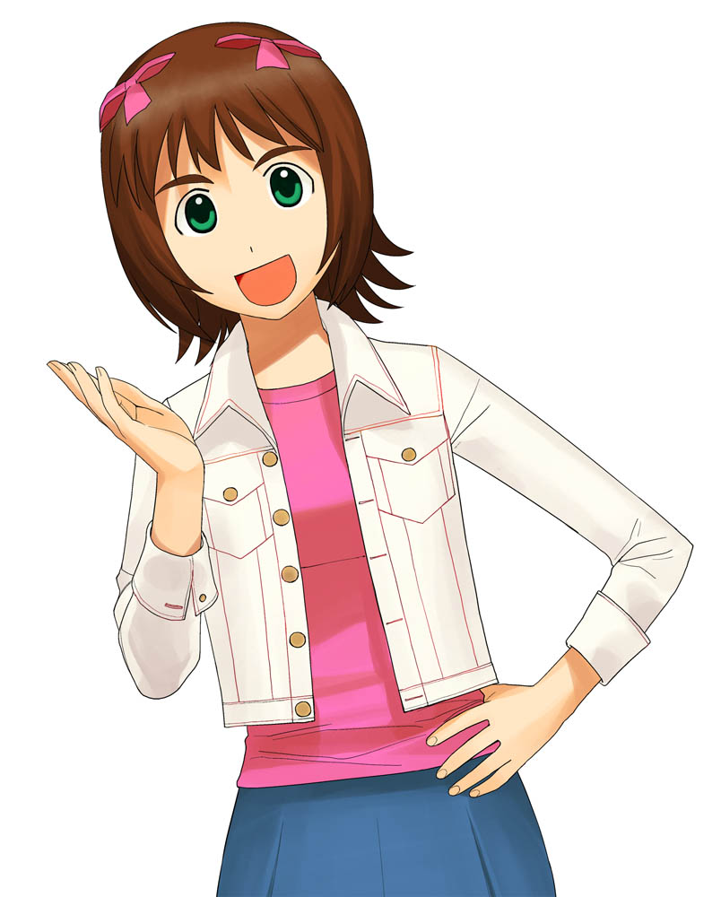 1girl a1 amami_haruka bad_anatomy bow brown_hair buttons dutch_angle flat_chest green_eyes hair_bow hair_ribbon hand_on_hip idolmaster jacket long_sleeves open_clothes open_jacket pink_ribbon pink_shirt poorly_drawn ribbon shirt short_hair simple_background solo unbuttoned white_background white_jacket