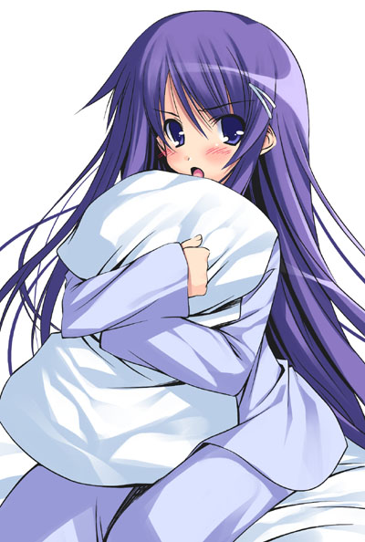 1girl akiba_rika bed blush hair_ornament hairclip hanbun_no_tsuki_ga_noboru_sora keg long_hair pajamas pillow purple_hair solo violet_eyes