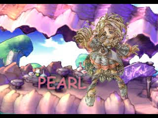1girl artist_request blonde_hair character_name full_body green_eyes hair_rings lady_pearl legend_of_mana letterboxed long_hair lowres rock seiken_densetsu solo table