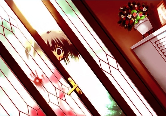 1girl blood blood_on_face brown_eyes creepy door empty_eyes flower_pot game_cg mitsumi_misato parody peeking_out photoshop picture_frame short_twintails solo to_heart_2 twintails yandere yuzuhara_konomi