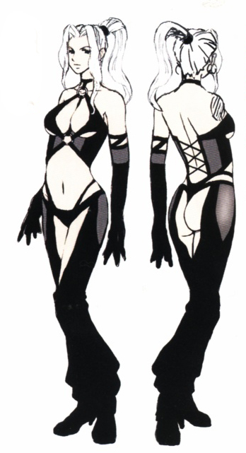 1girl ass boots breasts character_sheet cleavage earrings elbow_gloves from_behind full_body gensou_suikoden gloves hair_ornament high_heels hoop_earrings jeane jewelry kawano_junko large_breasts legs long_hair long_legs midriff monochrome multiple_views navel official_art panties ponytail revealing_clothes rhapsodia see-through shoes silver_hair simple_background standing thighs thong under_boob underwear