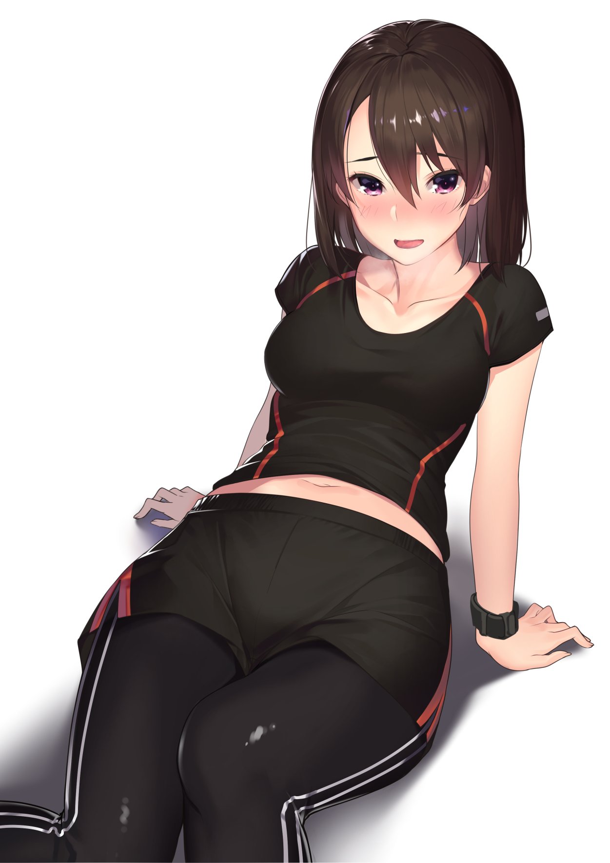 1girl :o arms_behind_back black_pants black_shirt black_shorts blush breasts breath full-face_blush hair_between_eyes highres kagematsuri leaning_back looking_at_viewer medium_breasts midriff navel open_mouth pants shirt shorts smile solo track_pants watch watch