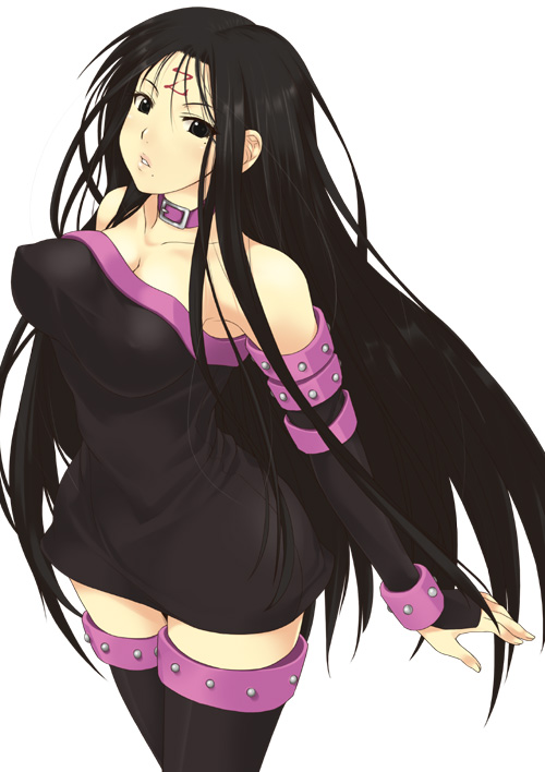 1girl alternate_hairstyle armband bare_shoulders black_dress black_eyes black_hair black_legwear body_writing boots bracelet breasts bridal_gauntlets cleavage collar cosplay cowboy_shot crossover dress erect_nipples facial_mark fate/stay_night fate_(series) forehead_mark genshiken impossible_clothes impossible_dress jewelry large_breasts legs_crossed long_hair looking_at_viewer mizuki_makoto mole mole_under_eye mole_under_mouth oono_kanako parted_lips rider rider_(cosplay) short_dress simple_background solo standing strapless strapless_dress studded_bracelet taut_clothes taut_dress thigh-highs thigh_boots very_long_hair white_background wide_hips zettai_ryouiki