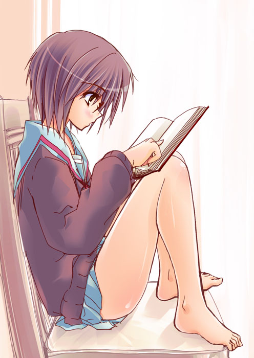 1girl barefoot book cardigan feet legs nagato_yuki reading school_uniform sitting solo suzumiya_haruhi_no_yuuutsu yuki_usagi