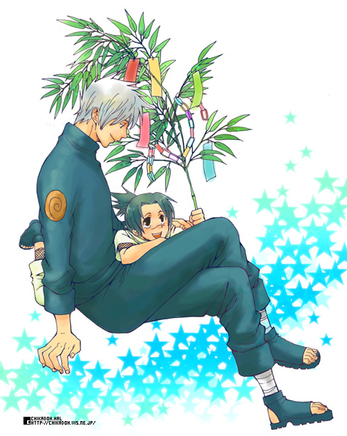 2boys :d bandage blush branch chikadoh facial_mark hatake_kakashi holding leaf long_sleeves male_focus mask mask_removed multiple_boys naruto open_mouth pants parted_lips plant sandals simple_background sitting smile spiky_hair star tree umino_iruka vest white_background