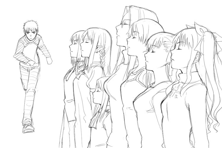 1boy 6+girls bust_chart caster chart emiya_shirou fate/stay_night fate_(series) fujimura_taiga illyasviel_von_einzbern lineup matou_sakura mitsuzuri_ayako monochrome multiple_girls overman_king_gainer parody rider sketch tohsaka_rin