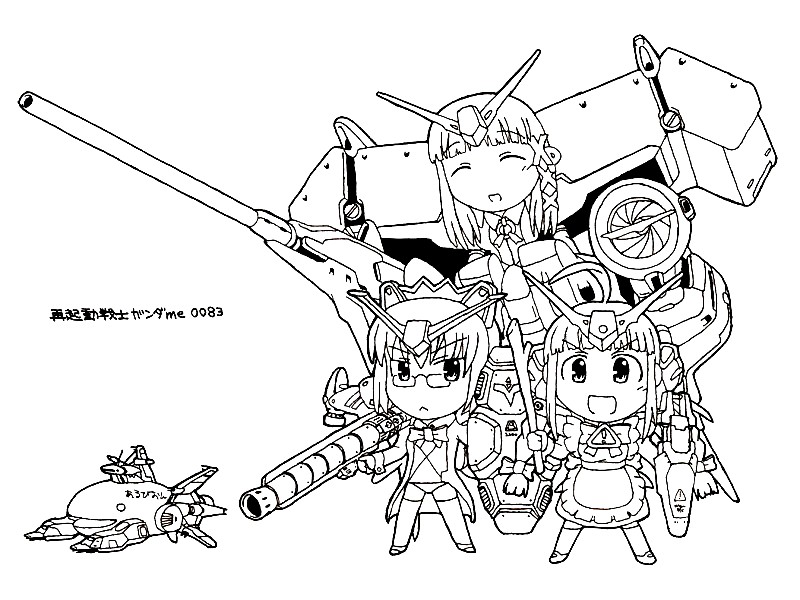 2000 2k-tan 90s chibi dendrobium_schema glasses gundam gundam_0083 gundam_gp-01_zephyranthes gundam_gp-02_physalis gundam_gp-03_stamen me-tan monochrome os-tan xp-tan