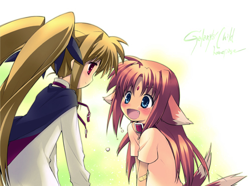 00s 2girls :d arf blonde_hair blue_eyes blush brown_hair cape choker duplicate facial_mark fate_testarossa gotou_nao long_sleeves looking_at_another lowres lyrical_nanoha mahou_shoujo_lyrical_nanoha multiple_girls multiple_tails open_mouth pink_shirt red_eyes shirt short_sleeves smile tail twintails white_shirt