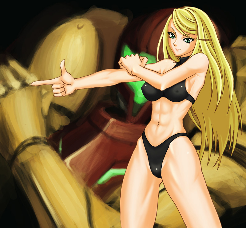 1girl abs armor armpits bangs bikini black_bikini black_bra black_panties blonde_hair bra breasts cowboy_shot erect_nipples finger_gun finger_pointing from_side green_eyes halterneck highleg highleg_bikini highleg_panties highleg_swimsuit hip_bones holding_arm legs_apart light_smile lingerie long_hair metroid muscle navel nintendo outstretched_arm panties pointing power_armor samus_aran sideboob smile solo sports_bikini super_metroid swept_bangs swimsuit toned turtleneck underwear underwear_only varia_suit very_long_hair