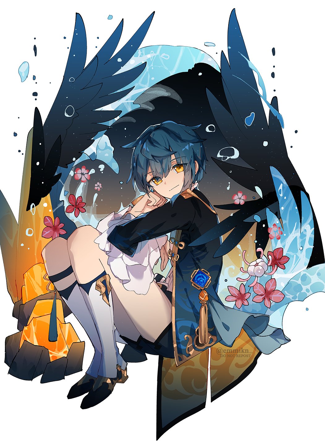 1boy bangs blue_hair boots closed_mouth earrings emmikn english_commentary flower frilled_sleeves frills genshin_impact highres jewelry knee_boots long_sleeves looking_at_viewer male_focus orange_eyes pink_flower rock simple_background single_earring sitting solo tassel twitter_username vision_(genshin_impact) water_drop white_background wings xingqiu_(genshin_impact)
