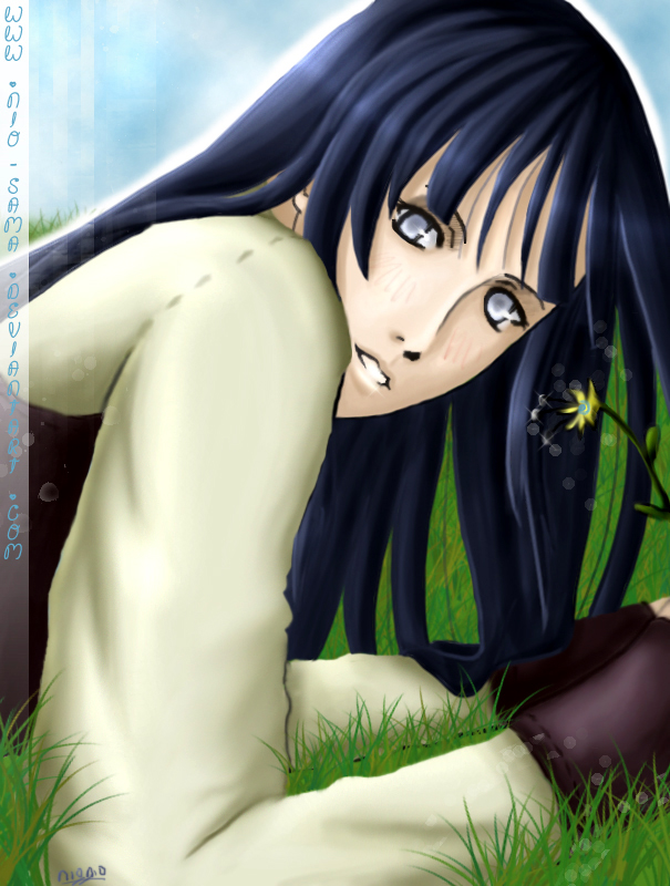 1girl :d black_hair blue_sky blush flower grass hyuuga_hinata looking_at_viewer lying naruto naruto_shippuuden nio-sama on_stomach open_mouth parted_lips plant sky smile solo teeth upper_body violet_eyes