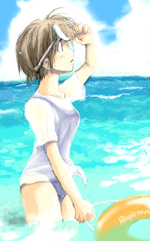 1girl azusayumi bottomless brown_hair glasses glasses_on_head innertube looking_afar lowres ocean outdoors profile see-through shirt short_hair solo swimsuit swimsuit_under_clothes tied_shirt wading water wet wet_clothes wet_shirt