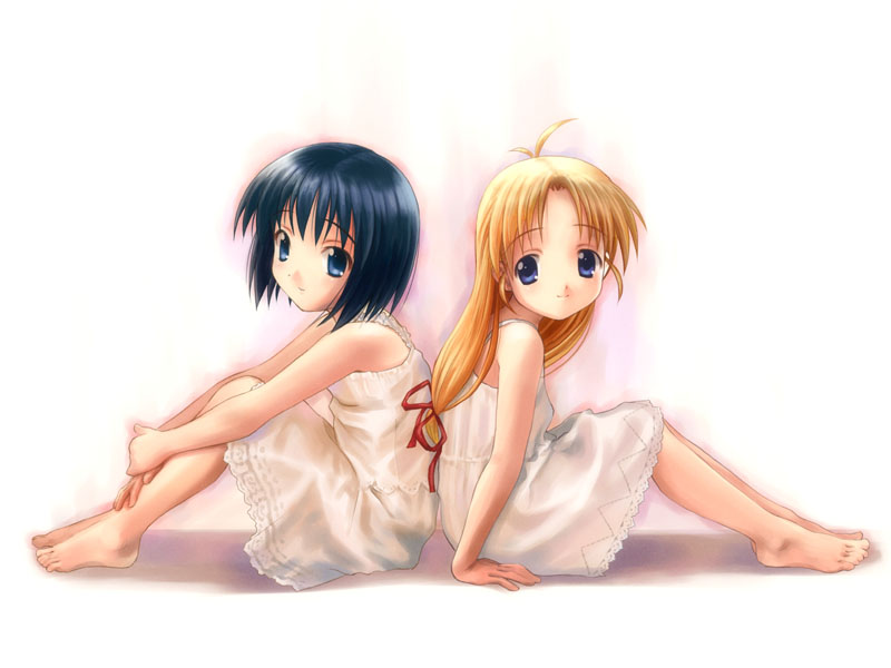 2girls antenna_hair arm_support back-to-back bangs bare_shoulders barefoot black_hair blonde_hair blue_eyes child dress feet flat_chest from_side goto_p hair_ribbon kashiwagi_hatsune kashiwagi_kaede kizuato lace lace-trimmed_dress leg_hug light_smile long_hair looking_at_viewer looking_back low-tied_long_hair multiple_girls ribbon short_hair simple_background sitting smile tied_hair white_background white_dress