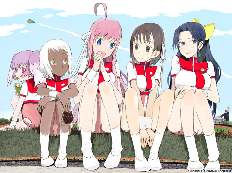 5girls ahoge amano_kazumi chiko crossover dark_skin gainaxtop lal'c_mellk_mal leotard multiple_girls nono_(top_wo_nerae_2!) okama takaya_noriko time_paradox top_wo_nerae! top_wo_nerae_2! tycho_science