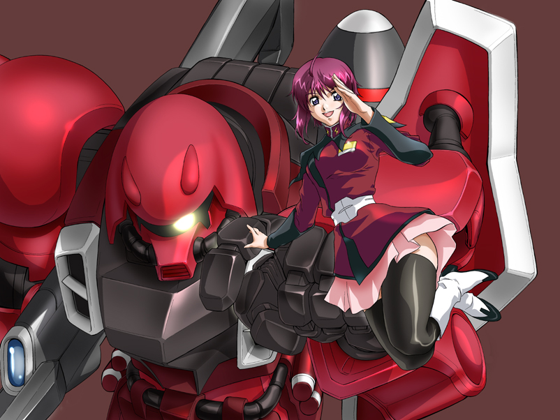 00s ahoge belt black_legwear boots floating glowing glowing_eyes gundam gundam_seed gundam_seed_destiny lunamaria_hawke mecha military military_uniform pink_hair salute short_hair skirt smile thigh-highs turtleneck uniform violet_eyes zaku zaku_warrior zaku_warrior_lunamaria_custom