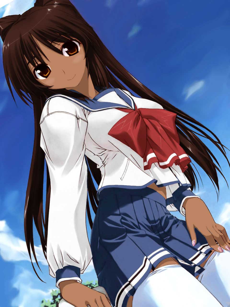 1girl alternate_color alternate_hair_color alternate_skin_color amazuyu_tatsuki arm_at_side arm_support bangs belly_peek black_hair blue_skirt blush bow breasts brown_eyes brown_hair closed_mouth clouds cowboy_shot crop_top crop_top_overhang dark_skin day eyebrows_visible_through_hair from_side ganguro hand_on_own_thigh highres jpeg_artifacts kogal kousaka_tamaki large_breasts legs_together light_smile long_hair long_sleeves looking_at_viewer miniskirt nail_polish official_art outdoors parted_bangs photoshop pink_nails pleated_skirt pocket railing recolor red_bow school_uniform serafuku shirt skirt sky smile solo standing straight_hair thigh-highs to_heart to_heart_2 tree two_side_up very_long_hair white_legwear white_shirt zettai_ryouiki