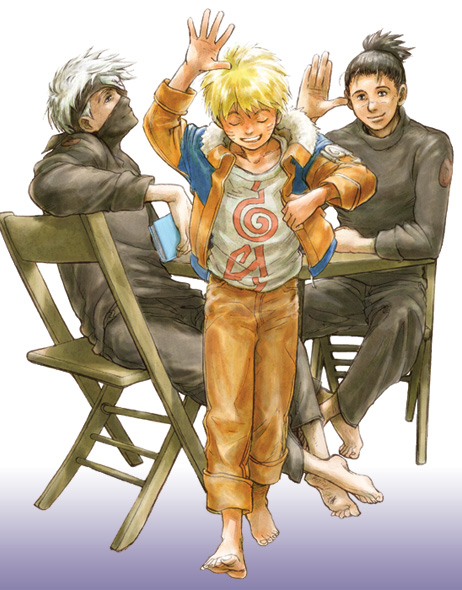 3boys barefoot book coat family feet hairy_feet half_mask hatake_kakashi jacket male_focus multiple_boys naruto noeen open_clothes open_jacket table umino_iruka uzumaki_naruto waving whisker_markings