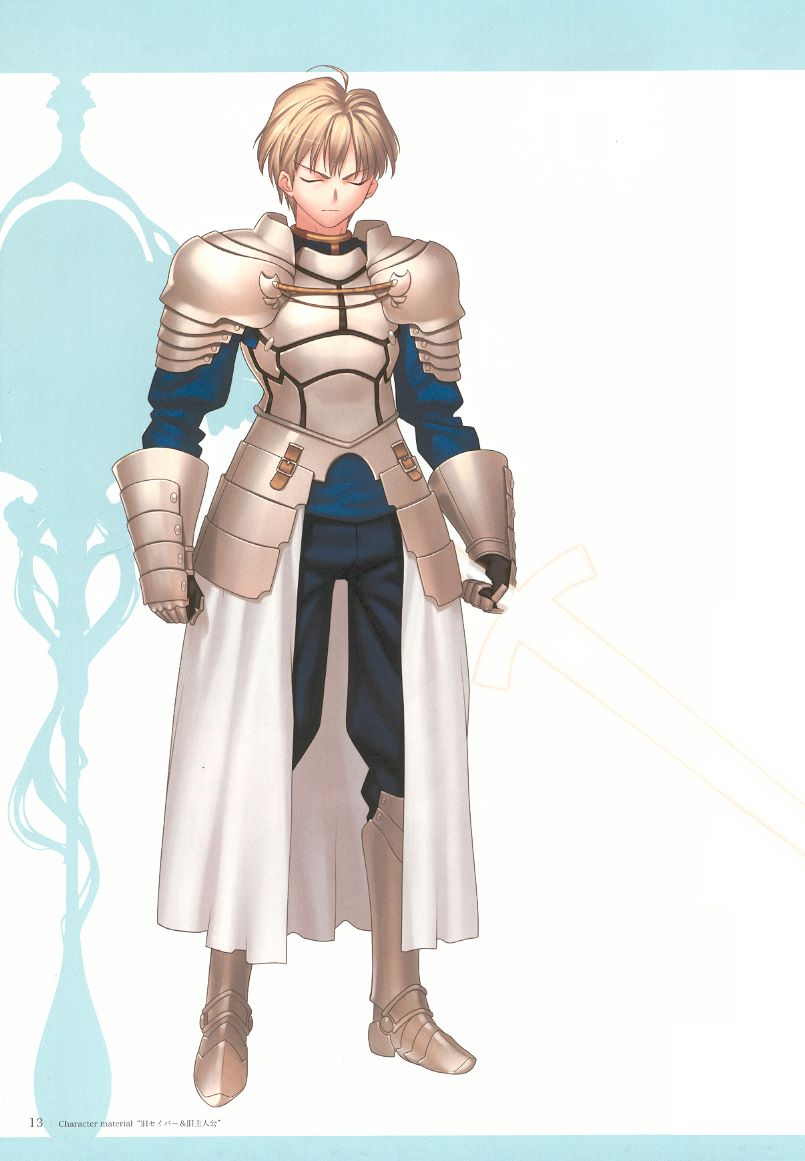 1boy archetype_saber armor blonde_hair closed_eyes fate/prototype fate/stay_night fate_(series) gauntlets genderswap knight male_focus saber saber_(fate/prototype) solo takeuchi_takashi type-moon