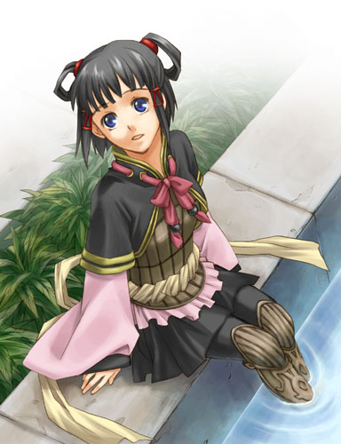 1girl :d armor bangs black_hair blue_eyes blunt_bangs boots bow bowtie capelet feet_in_water flat_chest from_above gensou_suikoden gensou_suikoden_v hair_ornament half_updo japanese_clothes long_sleeves looking_up lowres lyon open_mouth outdoors pantyhose plant pool poolside sash short_hair short_twintails sitting skirt smile soaking_feet solo thigh-highs thigh_boots twintails umao water
