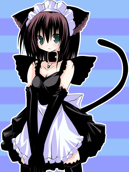 1girl animal_ears black_gloves cat_ears cat_tail collar elbow_gloves gloves kannon_ouji maid solo tail thigh-highs