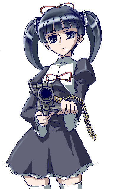 1girl aiming_at_viewer ammunition_belt coyote_ragtime_show gun holding holding_gun holding_weapon machine_gun march march_(coyote_ragtime_show) nururyun solo thigh-highs weapon