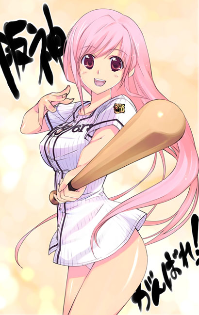 1girl baseball baseball_bat blush clothes_writing foreshortening hanshin_tigers iizuki_tasuku long_hair nippon_professional_baseball no_pants original panties pink_hair red_eyes shirt solo standing underwear uniform white_panties