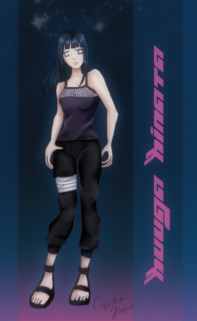 1girl artist_request bare_shoulders black_hair black_shirt character_name full_body hand_on_hip hyuuga_hinata looking_at_viewer naruto ninja sandals shirt short_hair sleeveless sleeveless_shirt solo standing tank_top violet_eyes