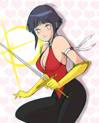 1girl armband black_hair blush breasts cosplay crossover cutie_honey cutie_honey_(character) cutie_honey_(character)_(cosplay) cutie_honey_(cosplay) gloves grey_eyes hyuuga_hinata keroyon-jima kisaragi_honey kisaragi_honey_(cosplay) lowres magical_girl naruto parody pink_eyes purple_hair short_hair solo sword weapon yellow_gloves