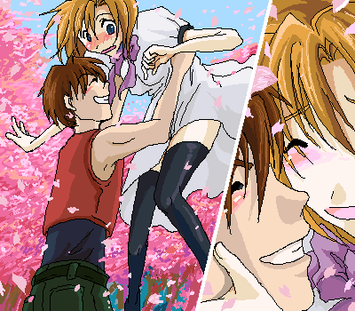 1boy 1girl couple hetero higurashi_no_naku_koro_ni lowres maebara_keiichi ryuuguu_rena thigh-highs