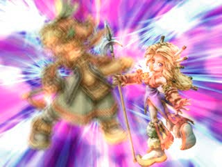 1girl bare_shoulders blonde_hair blurry elbow_gloves game gloves hair_ornament hair_stick imu imu_(lom) lance legend_of_mana long_hair looking_at_viewer lowres polearm psx qvga seiken_densetsu solo violet_eyes weapon