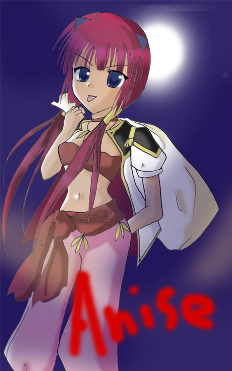 00s 1girl :p anise_azeat bad_anatomy blue_eyes broccoli_(company) galaxy_angel galaxy_angel_rune jewelry long_hair midriff necklace pink_hair poorly_drawn redhead sack sash solo strapless tan tongue tongue_out tubetop uniform